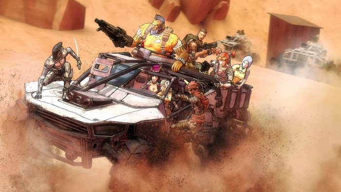 Borderlands characters in a desert vehicle