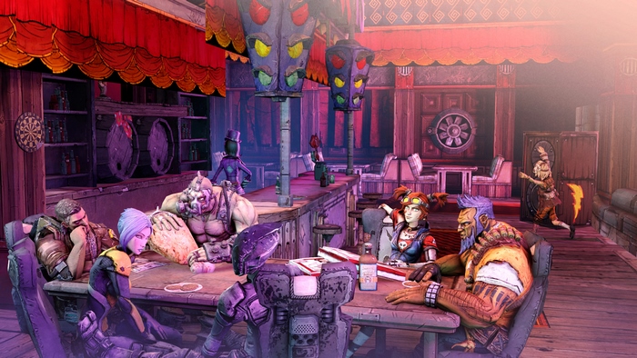 Characters playing cards in a Borderlands saloon