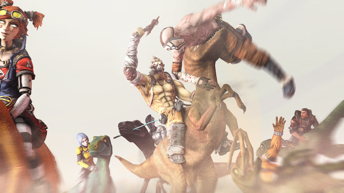Borderlands characters riding dinosaurs