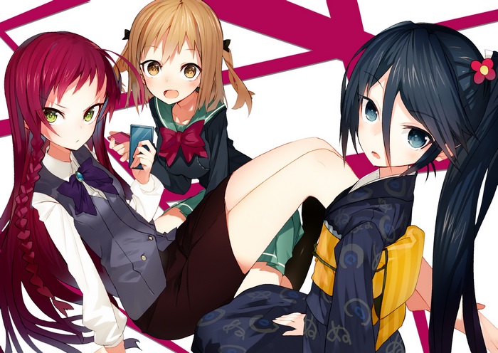 Three anime girls in school uniforms and kimono
