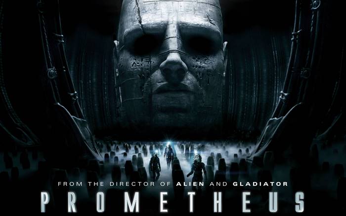 Prometheus movie poster with giant head and figures