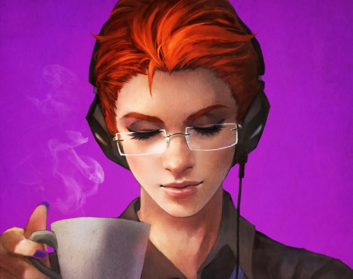 Moira from Overwatch holding a cup of coffee