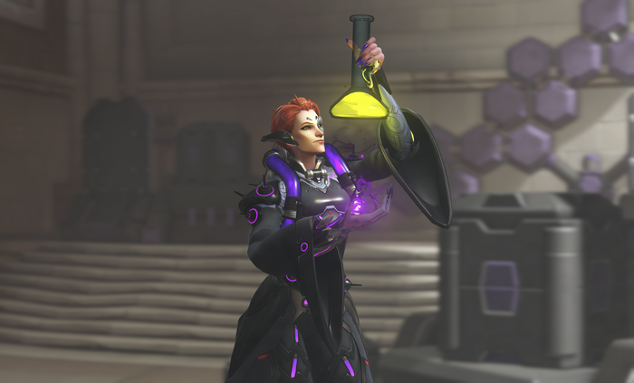 Moira from Overwatch holding a flask