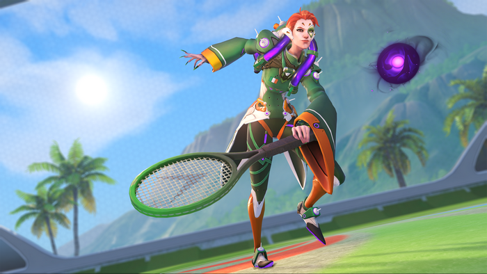 Moira from Overwatch holding a tennis racket