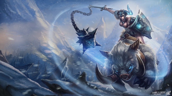 Sejuani from League of Legends riding a boar