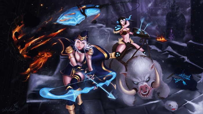 Sejuani and Ashe from League of Legends in a snowy environment