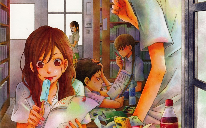 Shizuku Mizutani and friends studying in a library