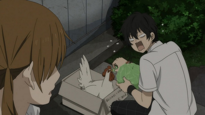 Shizuku Mizutani with a chicken and cabbage