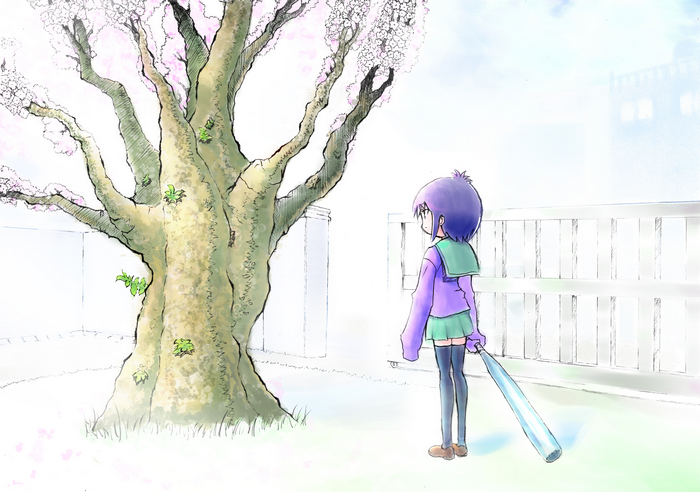 Girl with baseball bat under cherry blossom tree