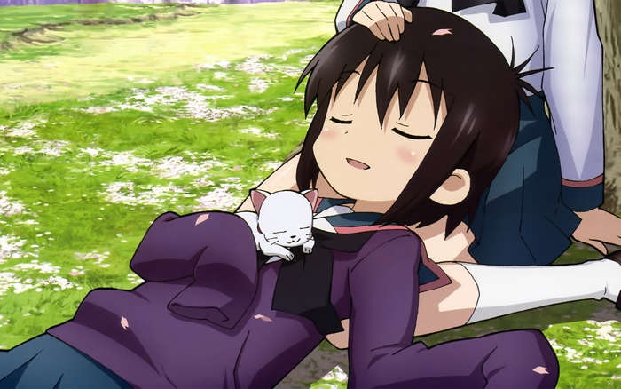 Tooru Ichii sleeping with a cat