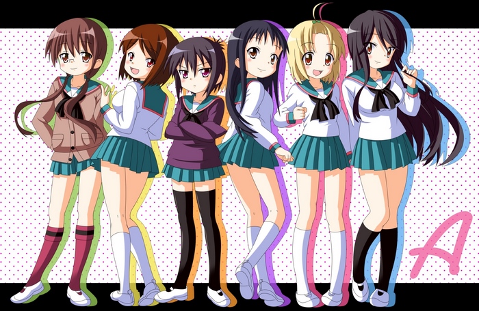 Six anime girls in school uniforms