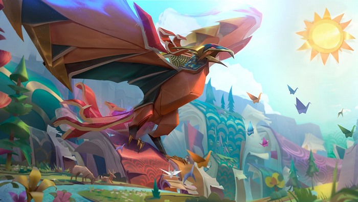 Anivia from League of Legends flying over a fantasy landscape