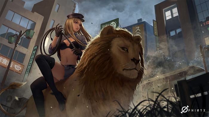 Woman riding a lion in a city