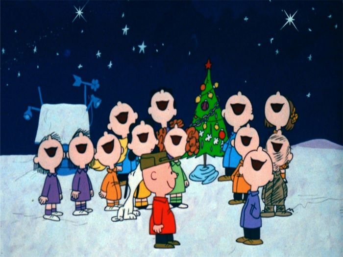A Charlie Brown Christmas scene with children singing