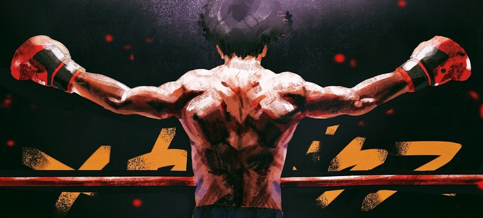 Joe from Megalo Box with arms raised
