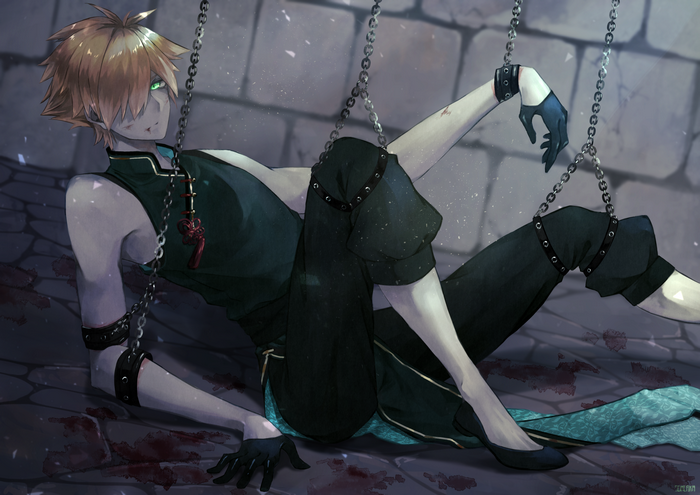 Chained anime boy with green eyes