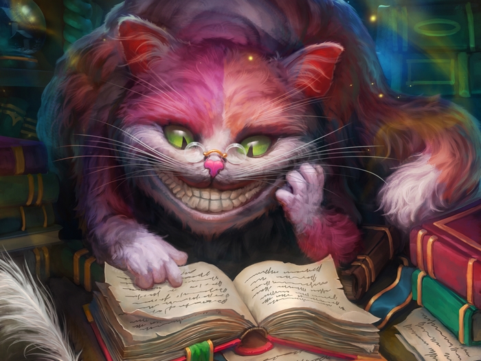Smiling Cheshire Cat with Green Eyes and Books