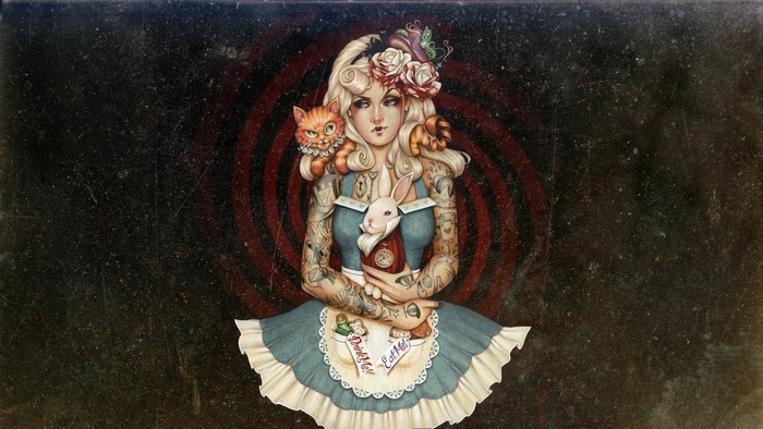 Alice with Cheshire Cat and White Rabbit