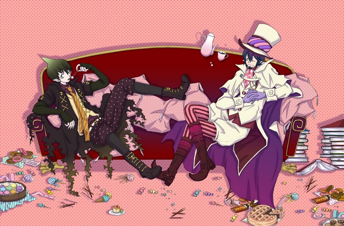 Mephisto Pheles from Blue Exorcist sitting on a couch with sweets