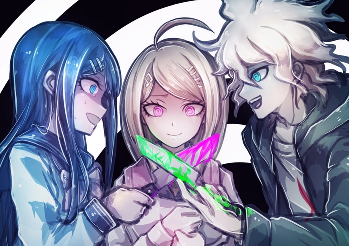 Kaede Akamatsu, Nagito Komaeda, and Sayaka Maizono with knives
