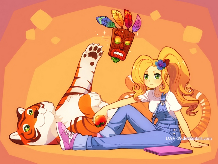 Coco Bandicoot and Aku Aku mask with tiger