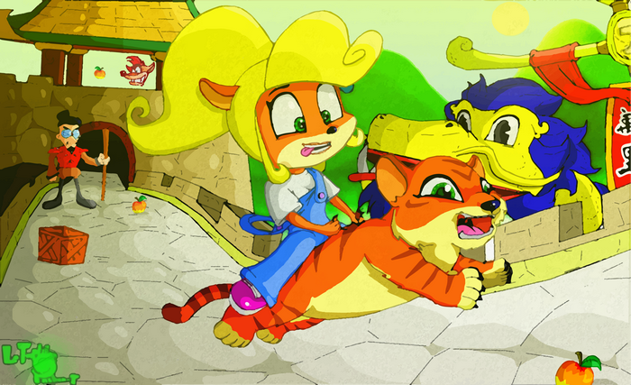 Coco Bandicoot riding a tiger with a dragon in the background