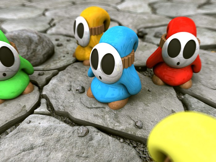Shy Guys in various colors on cracked stone ground