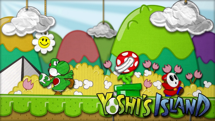Yoshi's Island with Yoshi, Shy Guy, and Piranha Plant