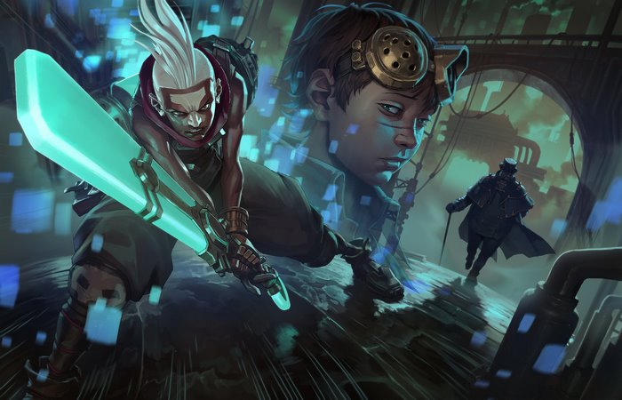 Ekko from League of Legends with a young boy and a man