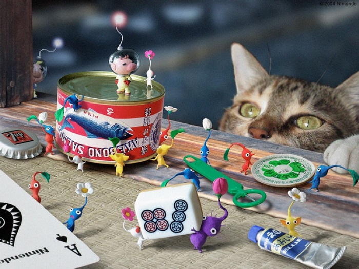 Pikmin and Captain Olimar with a Cat