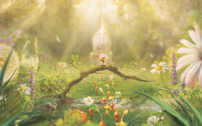 Captain Olimar and Pikmin in a forest