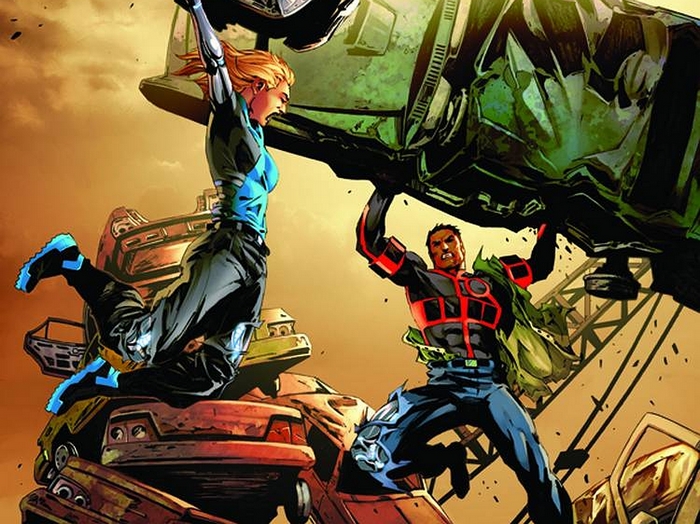 Bionic Man and Woman lifting heavy machinery