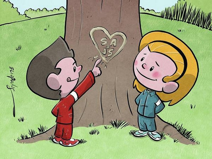 Boy and Girl Carving Heart in Tree