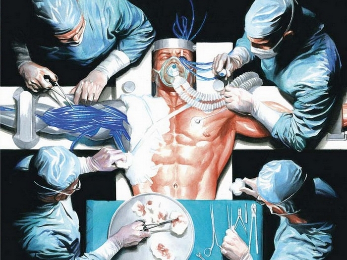 Surgeons operating on a bionic man