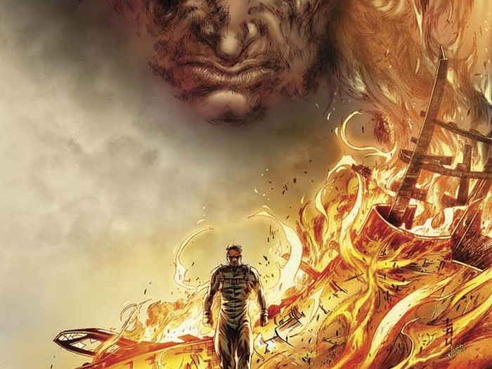 The Bionic Man in a fiery landscape