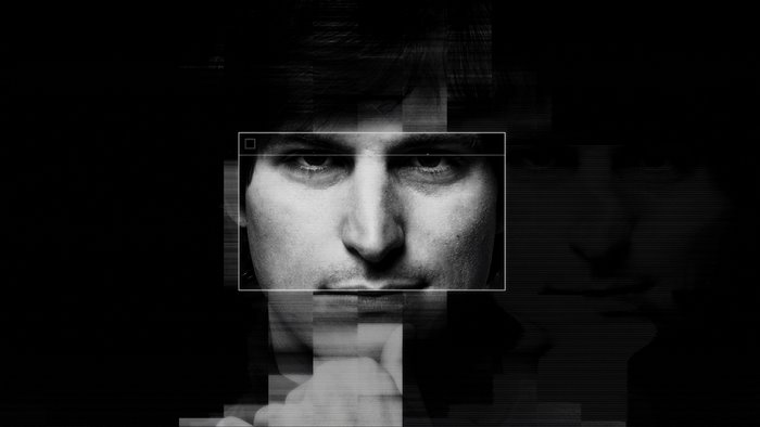 Steve Jobs portrait with digital glitch effect