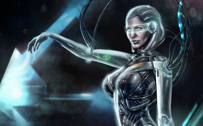 Cyborg woman with futuristic visor and wires