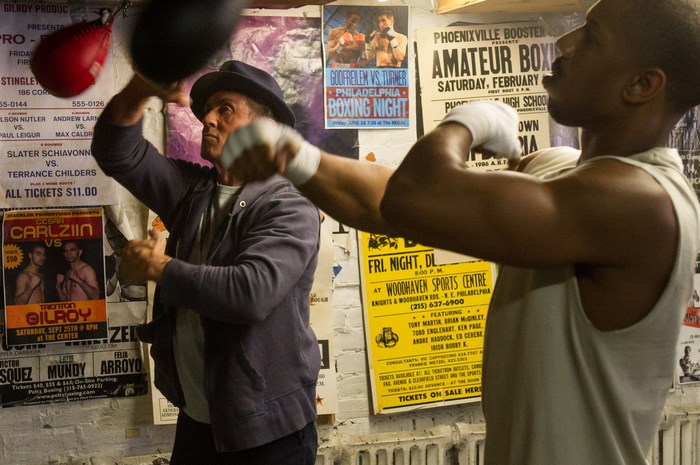 Sylvester Stallone and Michael B. Jordan in a boxing gym