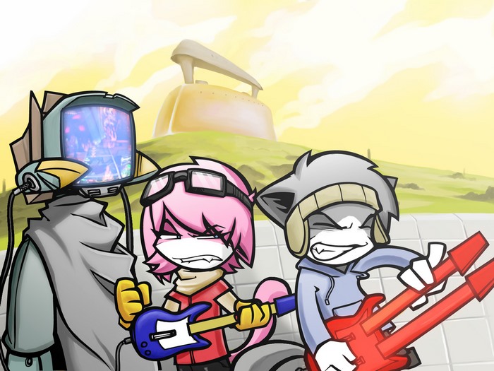 Three characters with musical instruments in a landscape