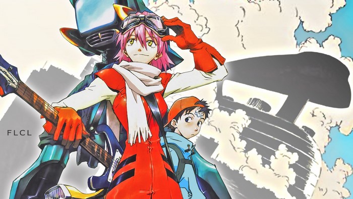 Haruko Haruhara from FLCL with Naota and a robot