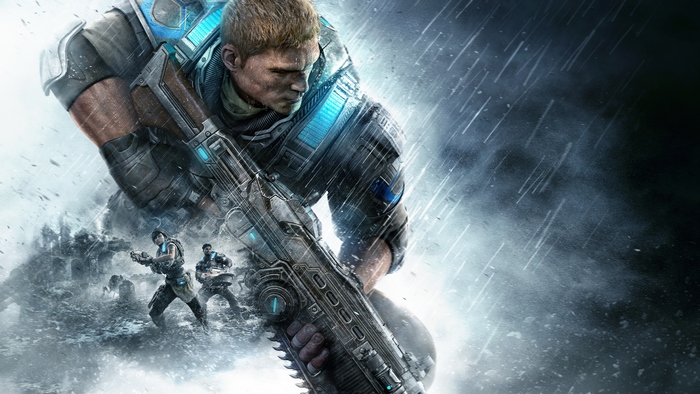 Gears of War Marcus Fenix and soldiers in rain
