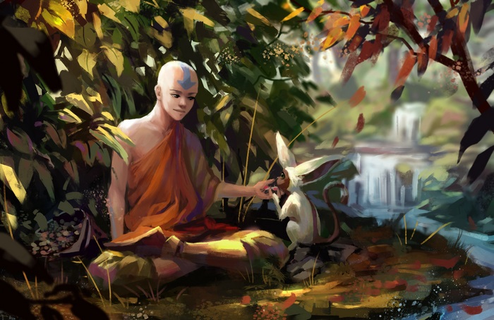 Aang from Avatar with Momo in a forest