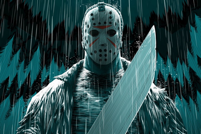 Jason Voorhees Holding Large Machete in Rain