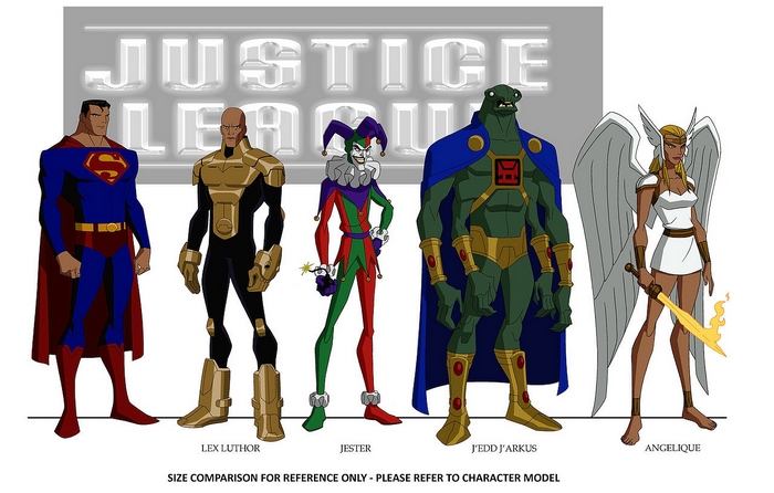 Justice League characters: Superman, Lex Luthor, Jester, J'edd J'arkus, Angelique