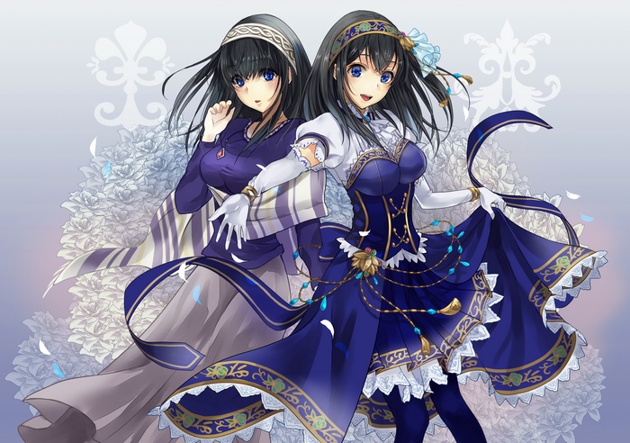 Two anime girls in blue and purple dresses