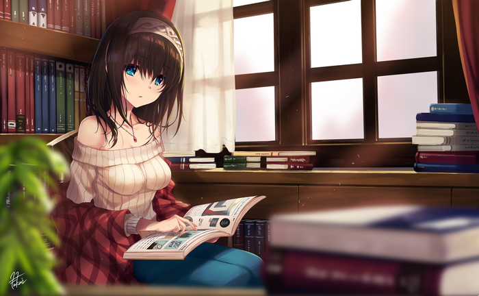Fumika Sagisawa reading a book in a library
