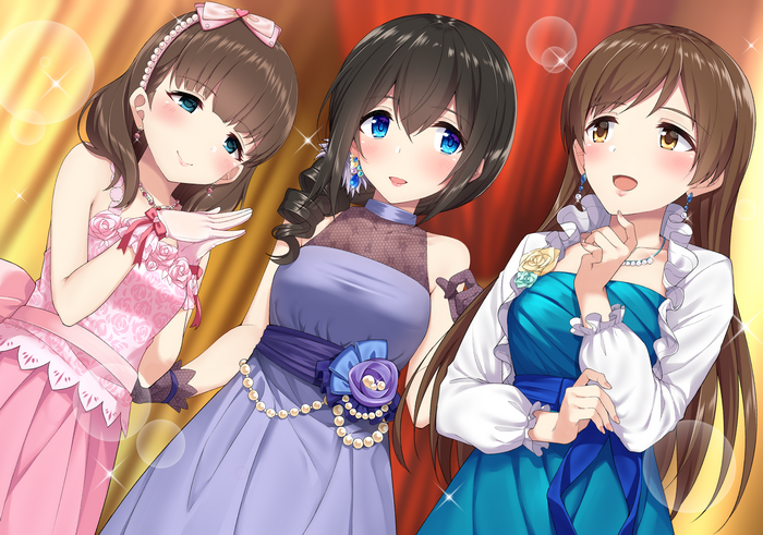 Three girls in formal dresses