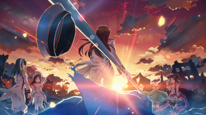 Fumika Sagisawa and allies in a ruined city at sunset
