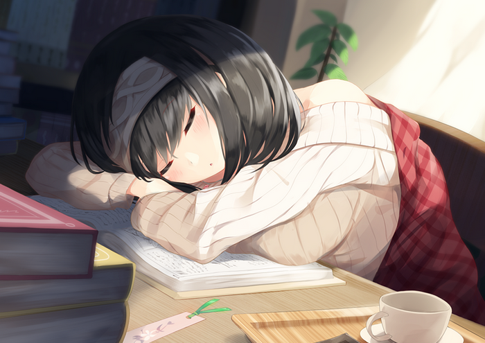 Fumika Sagisawa sleeping at a desk