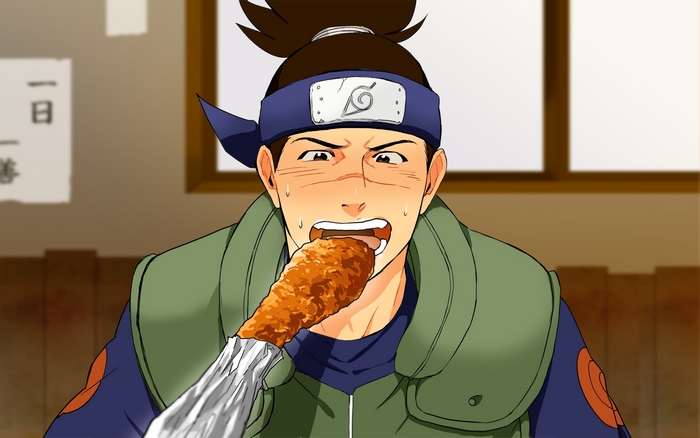 Iruka Umino eating fried chicken